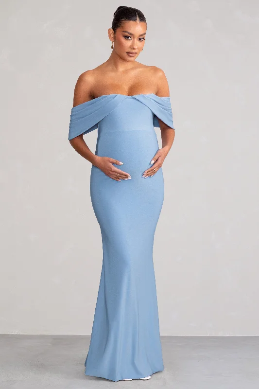 Maxi Dress With Puff Sleeves -Asha | Powder Blue Draped Sleeve Bardot Maternity Maxi Dress