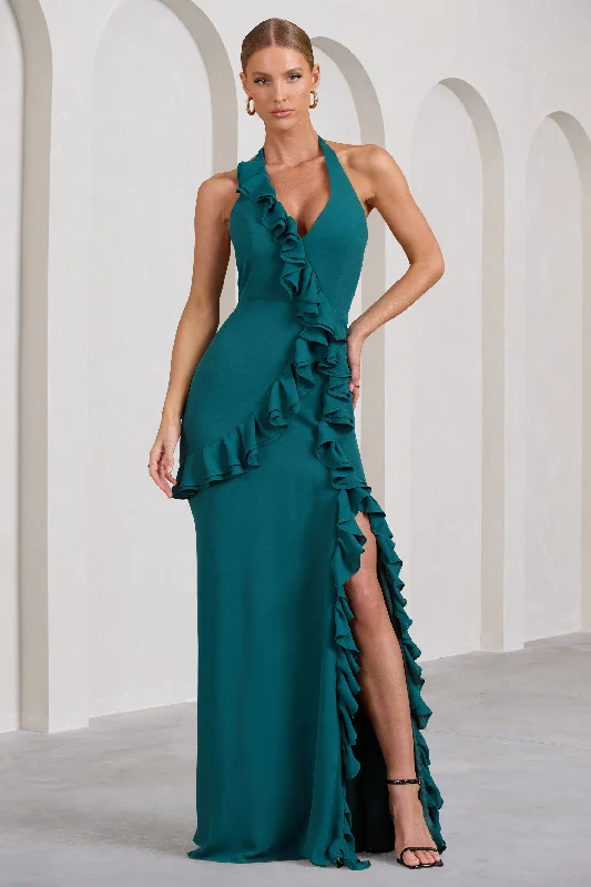 Maxi Dress With Halter Neck -Morning | Bottle Green Ruffled Halter-Neck Split Maxi Dress