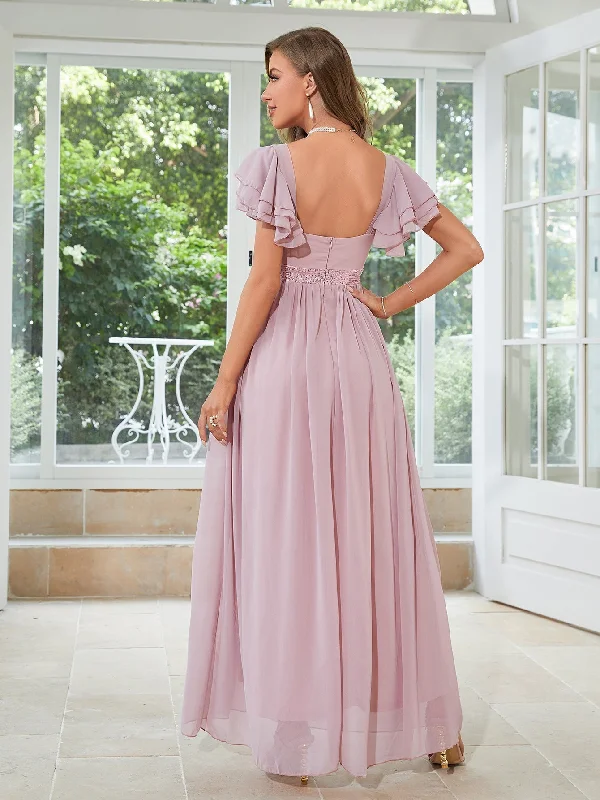 Maxi Dress With Pleated Skirt -TastyHottie - Pink Chiffon Sweetheart Layered Sleeve Maxi Dress