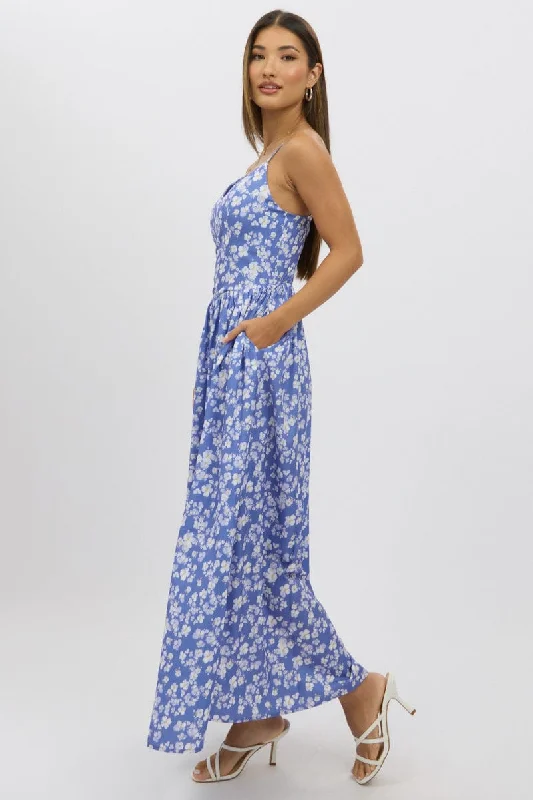 Floral Maxi Dress -Blue Ditsy Maxi Dress V-Neck