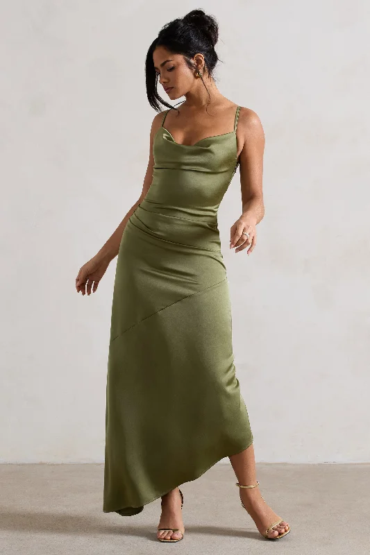 Maxi Dress With Flowing Skirt -Santi | Olive Green Satin Cowl-Neck Asymmetric Maxi Dress