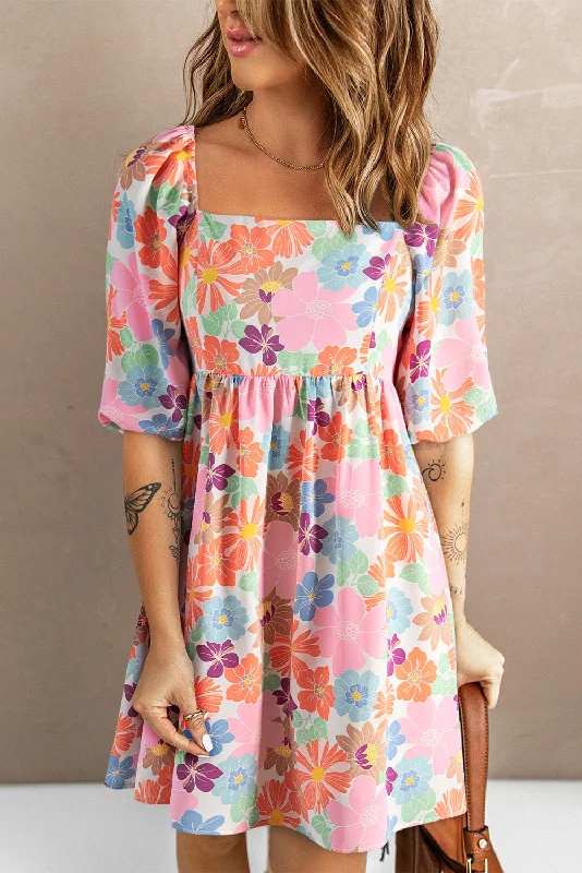 French floral wrap vacation mini dress-Printed Half Sleeve Mini Dress