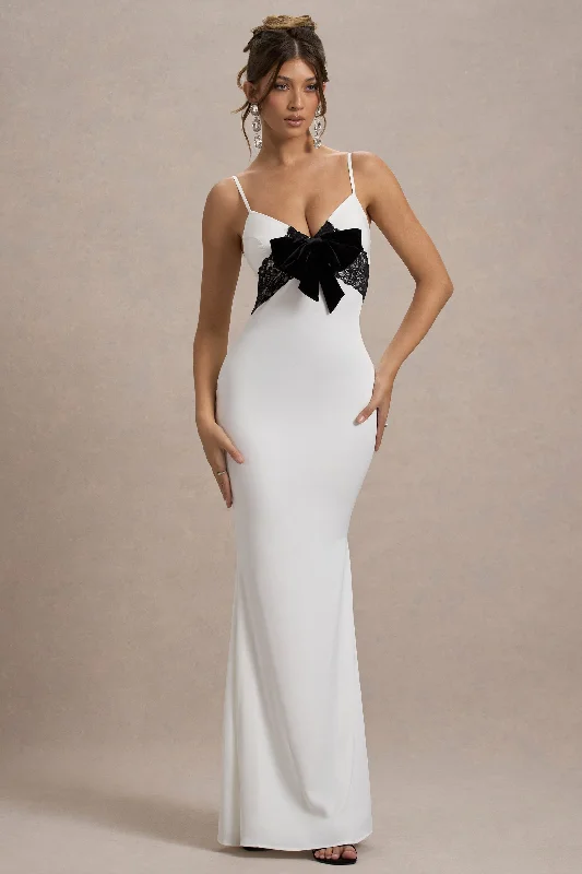 Maxi Dress For Evening Gala -Rumi | White Satin Strappy Maxi Dress With Velvet Bow