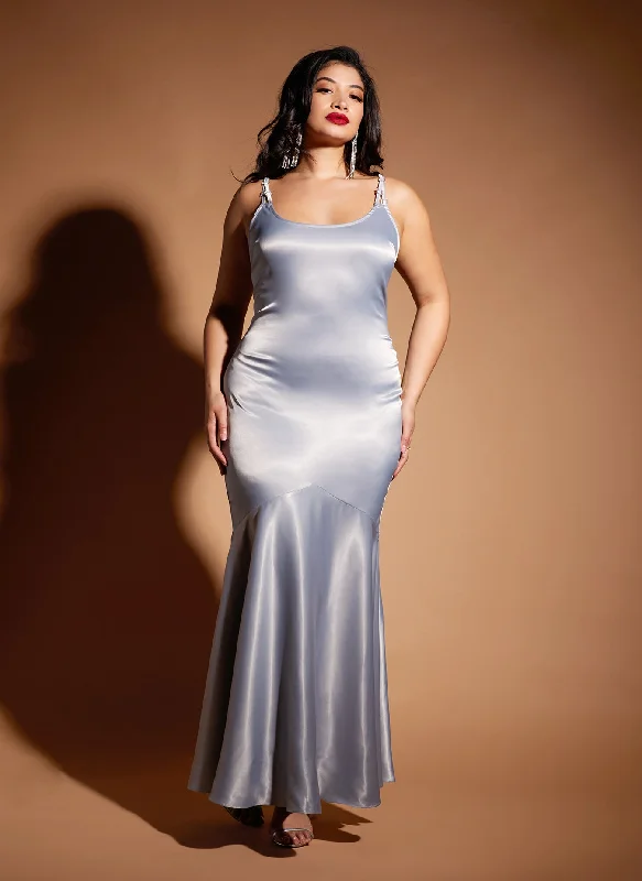 Maxi Dress For Fall -Aurelia Satin Mermaid Maxi Bodycon Dress - Platinum