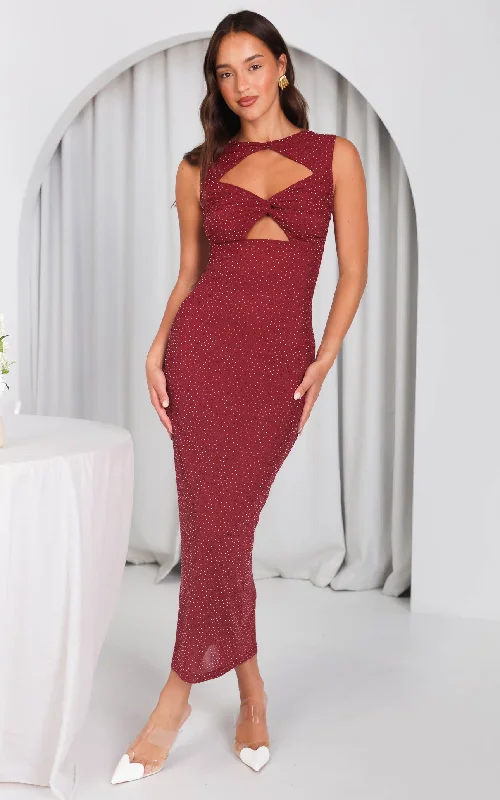 Maxi Dress For Evening Gala -Deon Embellished Mesh Maxi Dress - Wine