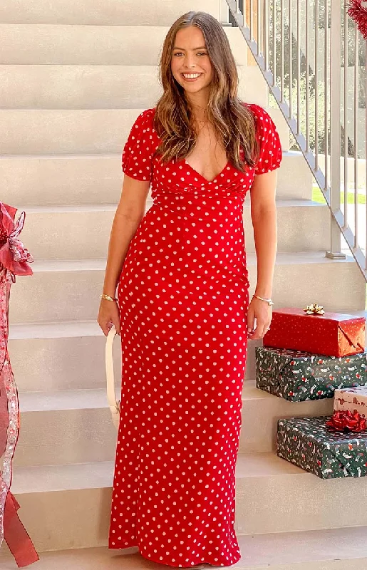 Maxi Dress With Asymmetrical Hem -Lovella Red Polka Dot Maxi Dress