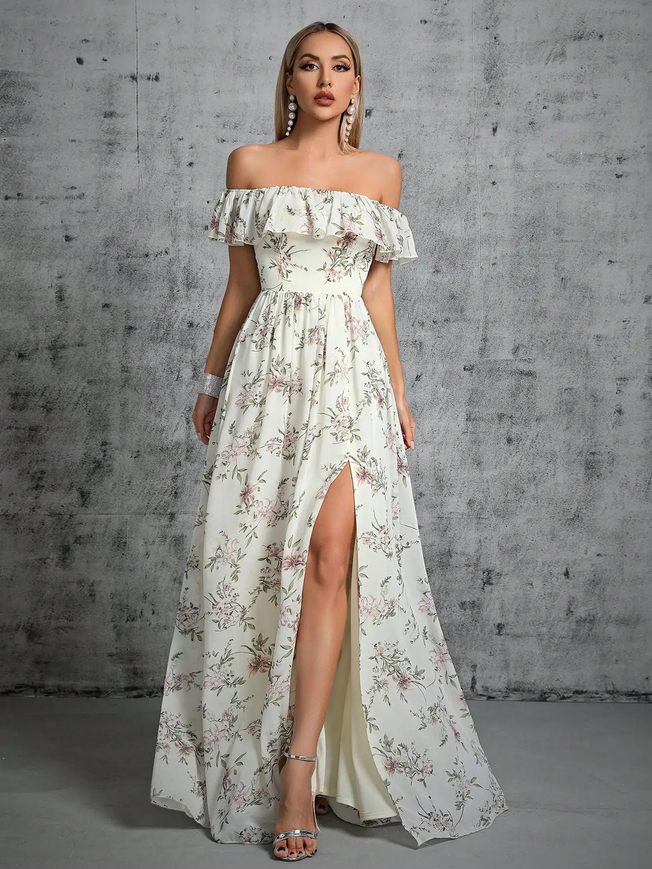 Maxi Dress With Textured Fabric -Ivory Strapless Ruffle Split Printed Chiffon Maxi Dress