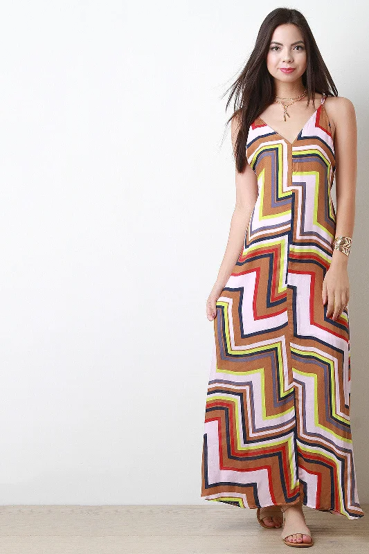 Maxi Dress With Cowl Neck -Diagonal Chevron Print Maxi Dress