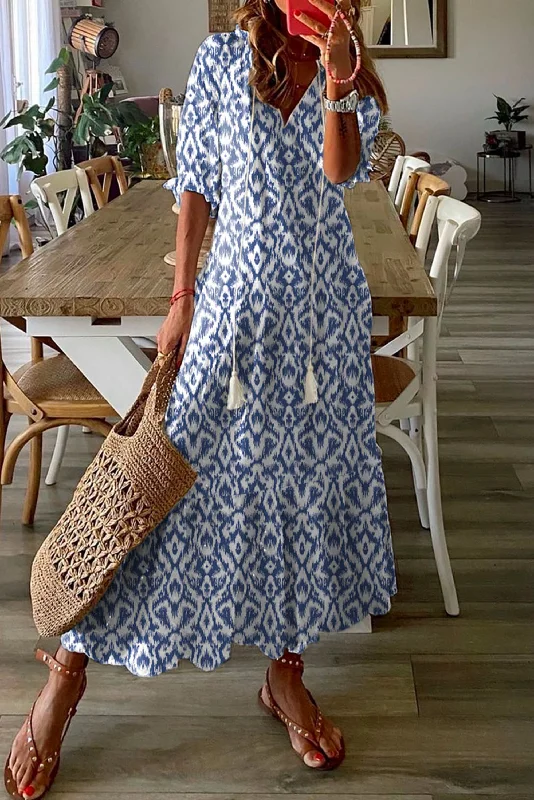 Maxi Dress With Geometric Patterns -Sky Blue V Geometric Print Maxi Dress