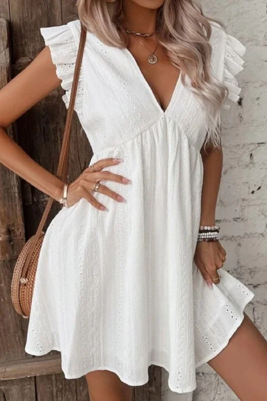 Maternity stretch nursing mini dress-Eyelet Ruffled Cap Sleeve Mini Dress