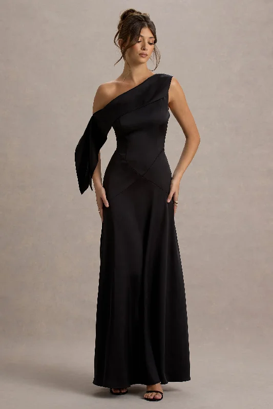 Maxi Dress With Ruffles -Nicola | Black Satin Asymmetric Bardot Draped Maxi Dress