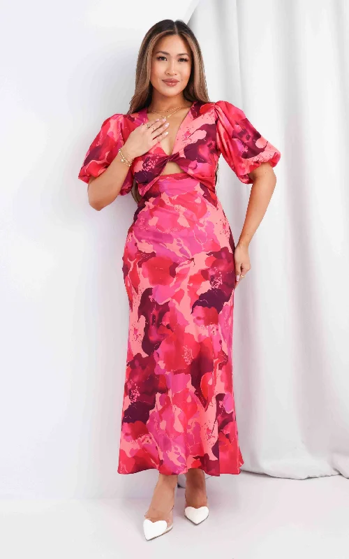 Maxi Dress With Lace Details -Kamala Maxi Dress - Pink Floral