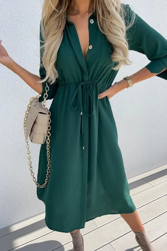 Maxi Dress For Date Night -WOMEN DRASTRING WAIST BUTTON DOWN LONG DRESS