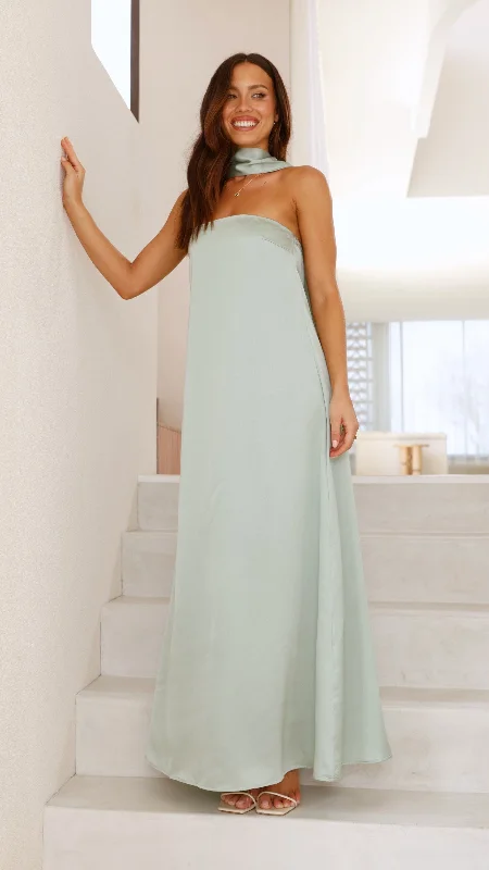 Maxi Dress For Cocktail Party -Caitie Strapless Scarf Maxi Dress - Sage