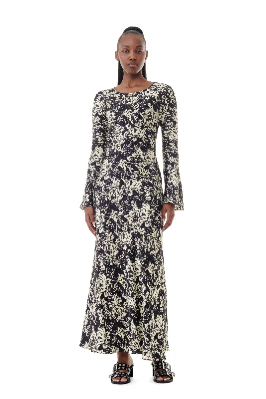 Maxi Dress With Tied Waist -GANNI F9200 Printed Satin Maxi Dress in Flan