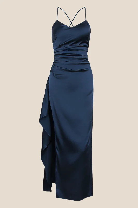 Maxi Dress With Drawstring Waist -Straps Navy Blue Ruched Long Dress with Slit