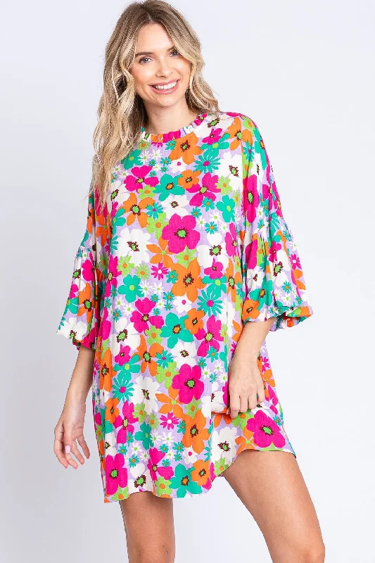 Polka dot retro puff sleeve mini dress-GeeGee Floral Round Neck Lantern Sleeve Mini Dress