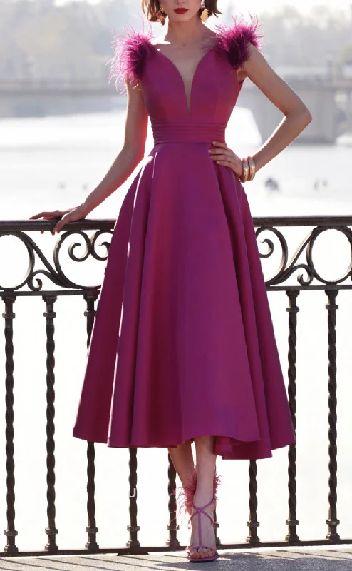 Cocktail dress for a romantic evening -GM285 - A-Line V Neck Sleeveless Tea Length Cocktail Dress with Feather