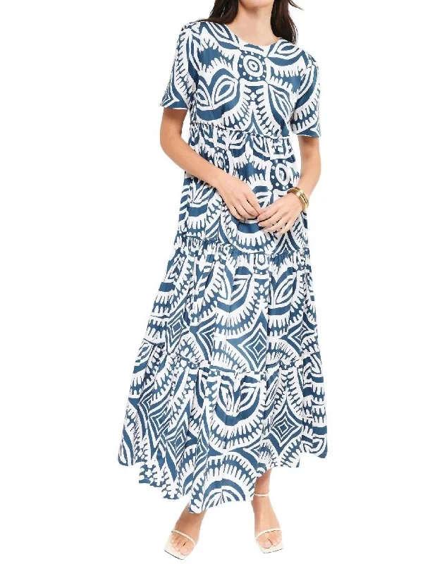 Midi Dress With Deep V-Neck -Alfarero Midi Dress In Blue Tribal Motif