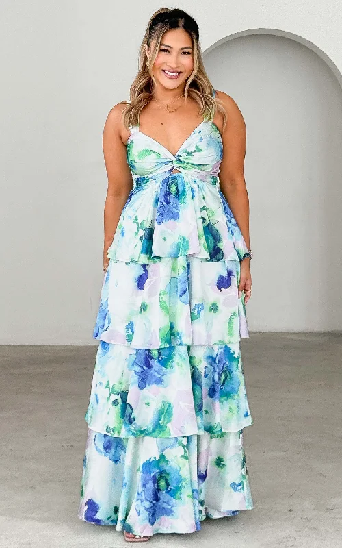 Maxi Dress With Side Pockets -Cherika Maxi Dress - Blue Green Floral