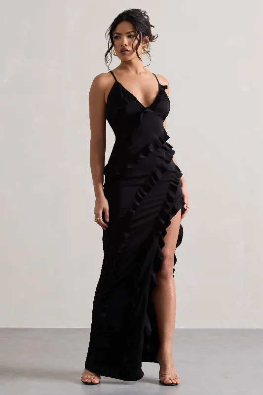 Maxi Dress For Elegant Dinner -Run The World | Black Sweetheart Neckline Ruffle Maxi Dress