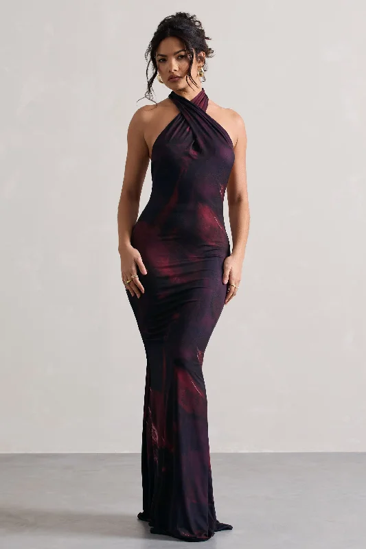 Maxi Dress With Button Front -Invincible | Plum Print Cross Over Halter-Neck Open-Back Maxi Dress