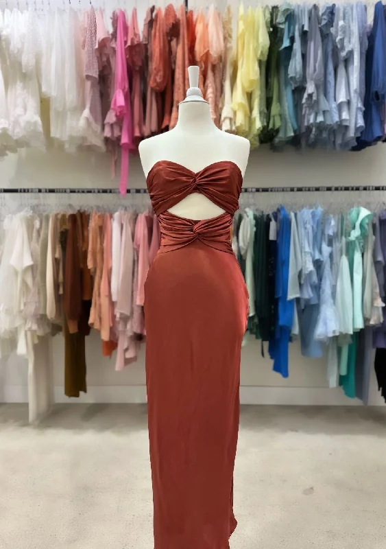 Maxi Dress With Belt -Terracotta Cutout Satin Maxi