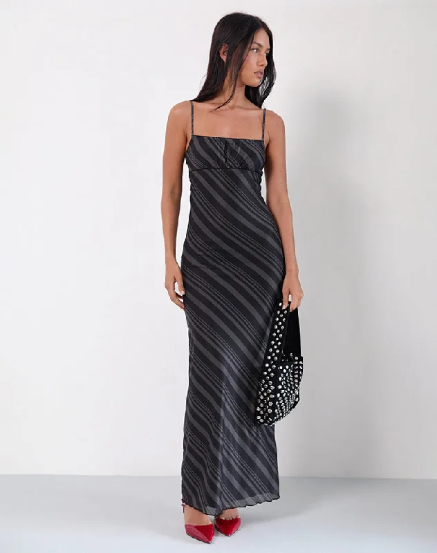 Maxi Dress With Lace Sleeves -Darsih Maxi Dress in Irregular Stripe Grey Black