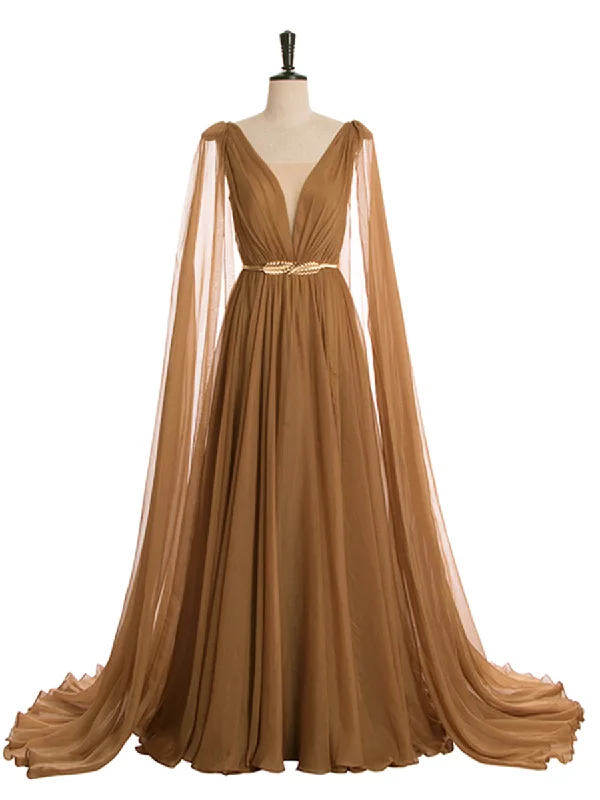 Maxi Dress With Sheer Details -Higher Waist Chiffon V Neck Cape Sleeve Elegant Party Maxi Dress Maternity Gown Lace up