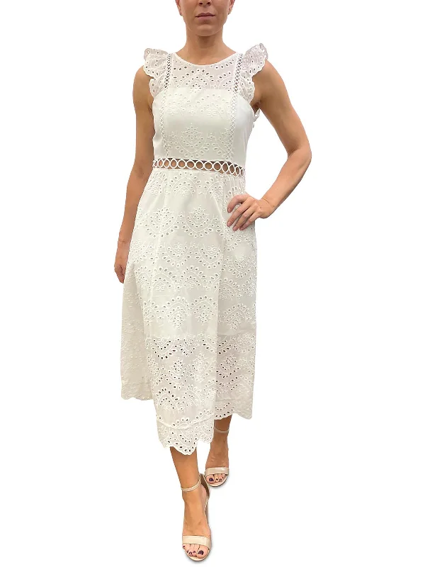 Midi Dress With High-Low Hem -Womens Eyelet Cotton Midi Dress