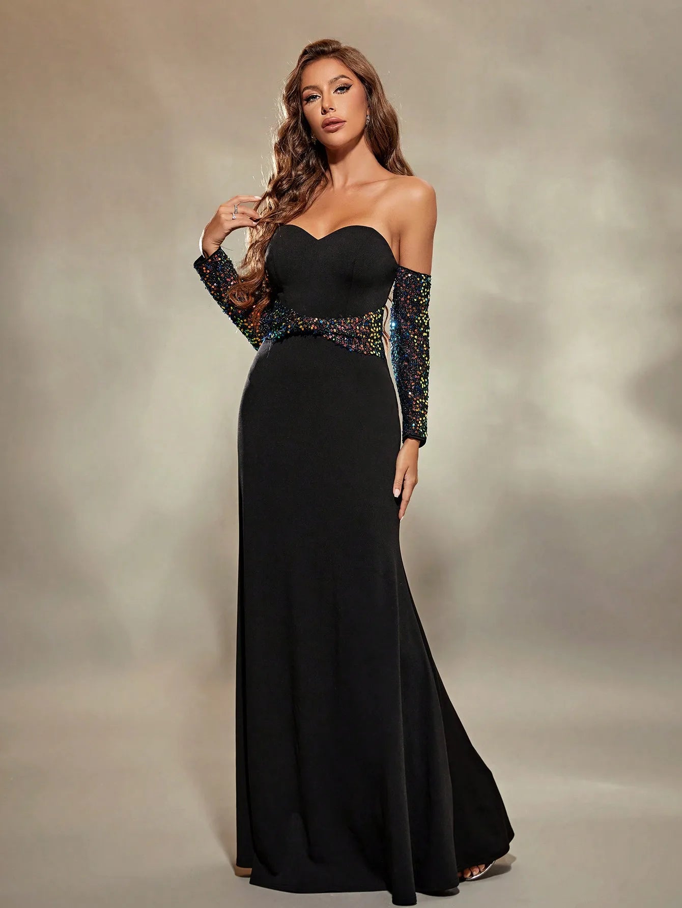 Maxi Dress For Evening Gala -Black Sweetheart Neckline Glitter Maxi Party Dress