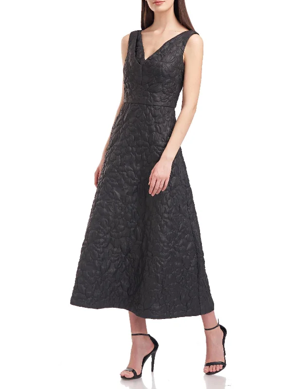 Midi Dress With Floral Embroidery -Sloane Womens Textured Long Midi Dress