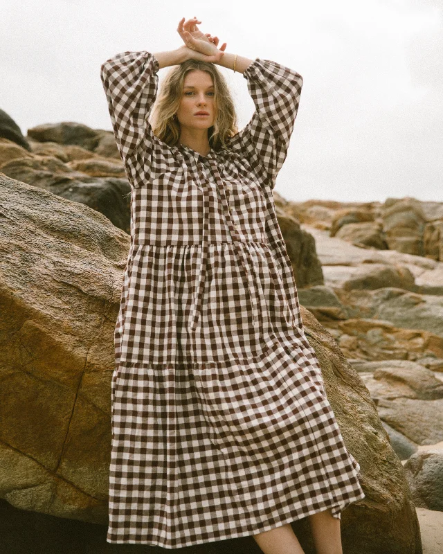 Maxi Dress With Sleeves -Maxi Avalon Smock Dress | Brown Gingham