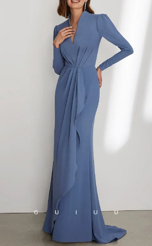 Cocktail dress for birthday -GM208 - Sheath V Neck Long Sleeves Pleated Cocktail Dress Wedding Guest Dress with Train