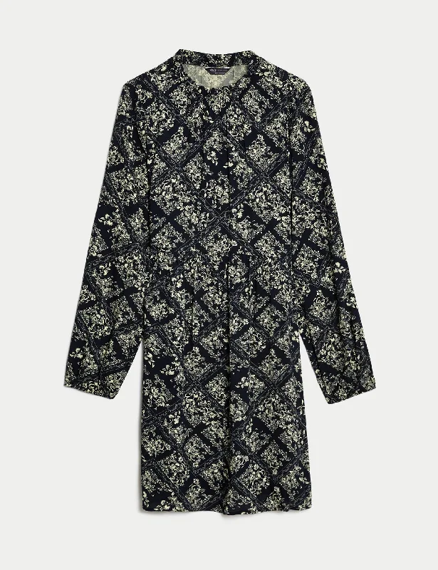 Korean oversized short mini dress-Printed Funnel Neck Mini Dress