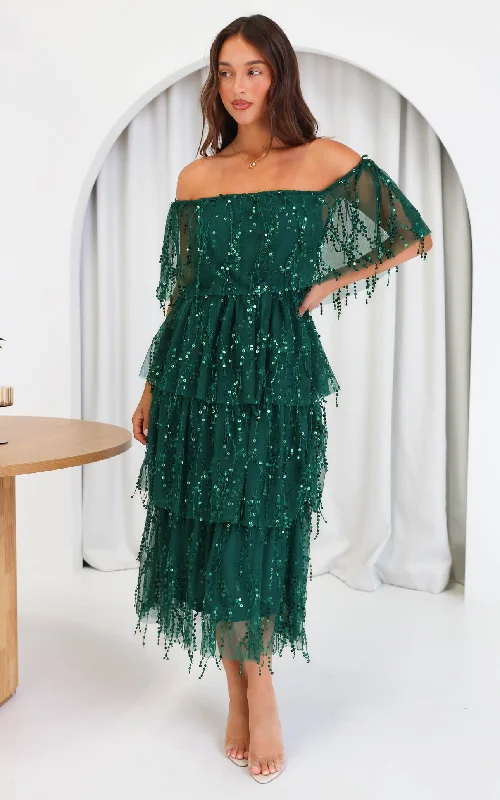 Maxi Dress With Button Front -Fantango Maxi Dress - Emerald Sequin