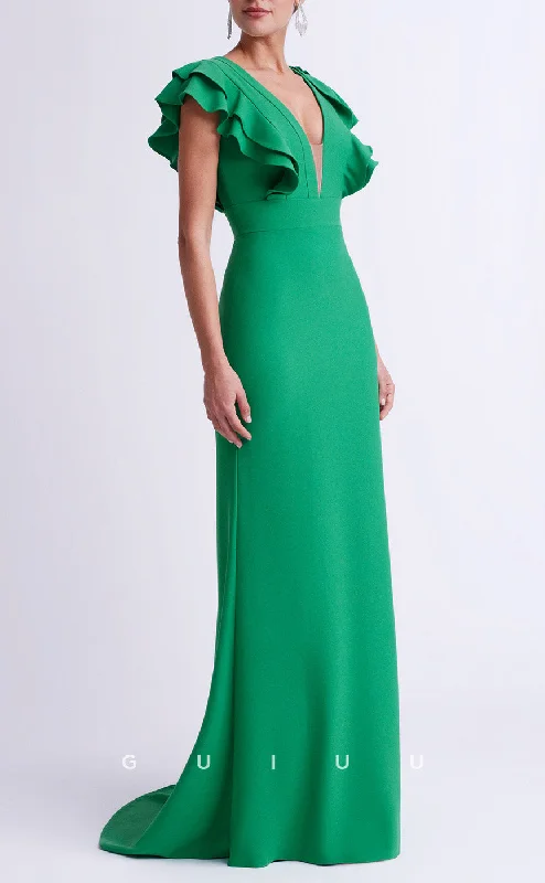 Cocktail dress with elegant pleats -GM270 -  Elegant Sheath V Neck Sleeveless Ruffles Long Cocktail Dress with Train