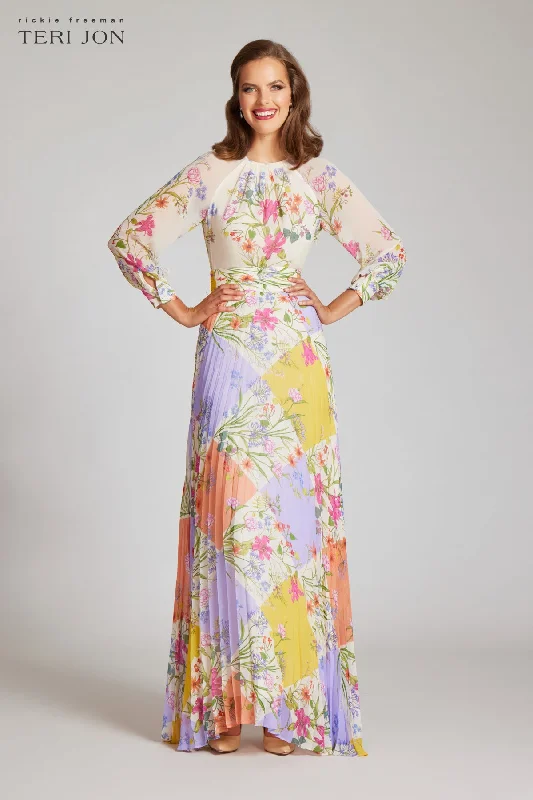 Maxi Dress With Puff Sleeves -Chiffon Patchwork Floral Print Pleated Maxi Dress