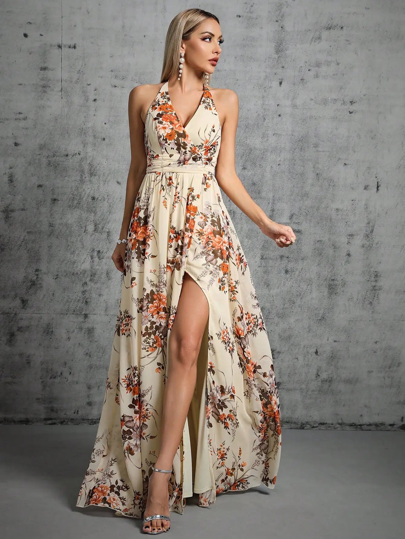 Maxi Dress With Gathered Waist -Halter Neck Floral Chiffon Split Party Maxi Dress