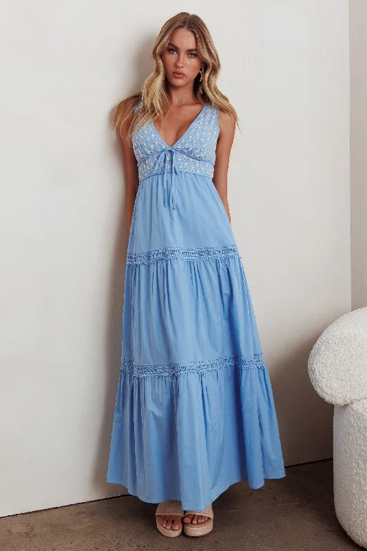 Maxi Dress With Side Pockets -Joycelin V-Neck Eyelet Maxi Dress Blue