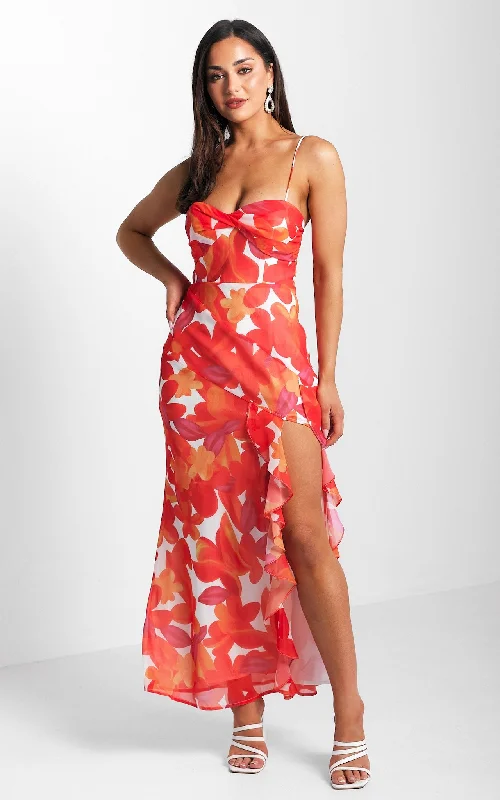 Maxi Dress With Draped Waist -Kehlani Maxi Dress - Orange Pink Multi Floral