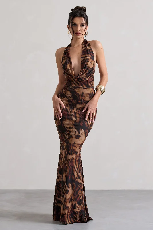 Maxi Dress With Cowl Neck -Milani | Animal Print Backless Cowl Neck Fishtail Maxi Dress