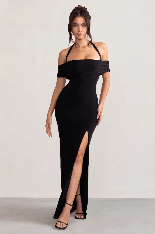 High Waist Maxi Dress -Anisa | Black Halter Neck Bardot Maxi Dress With Thigh Split