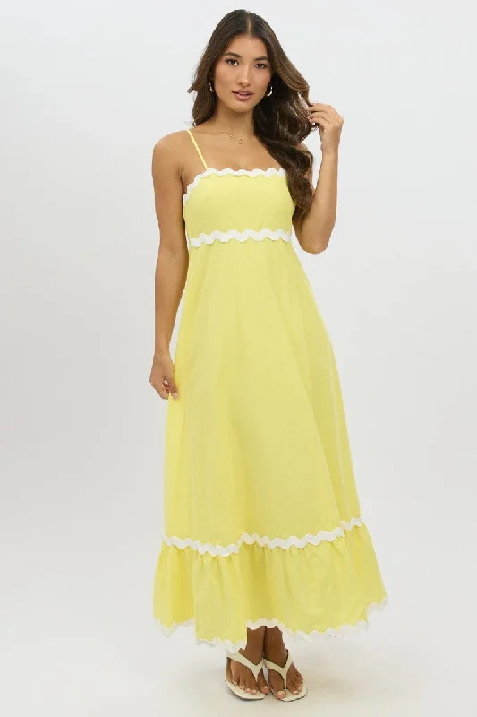 Maxi Dress With Gold Accents -Yellow Maxi Dress Strappy Ric Rac