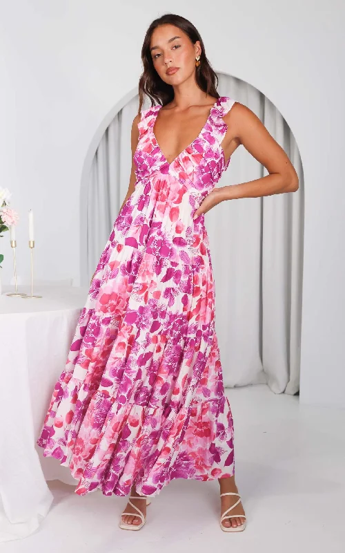 Maxi Dress With Asymmetrical Hem -Polly Maxi Dress - Purple Pink Floral