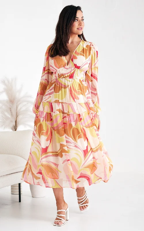 Maxi Dress With Back Tie -Diana Long Sleeve Maxi Dress - Yellow Cream Multi Print