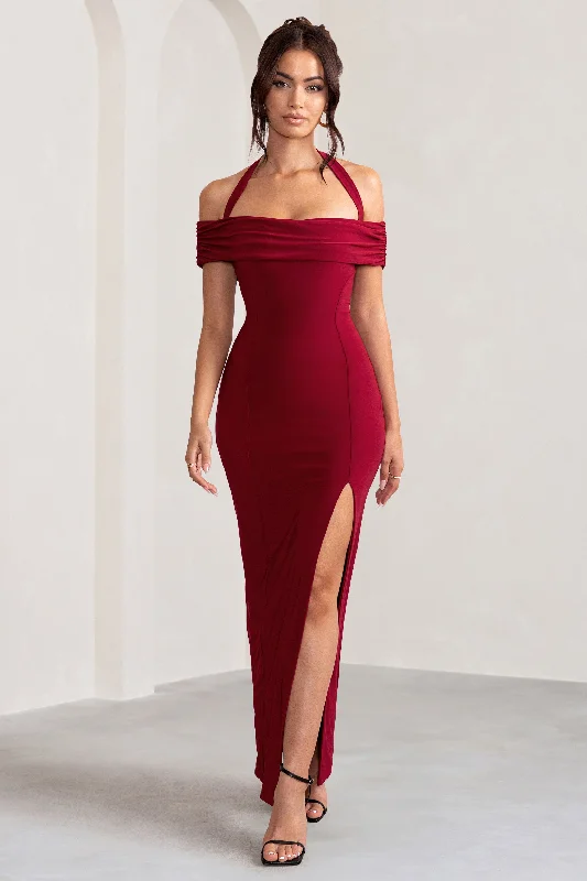 Maxi Dress With Slit -Anisa | Burgundy Halter Neck Bardot Maxi Dress With Thigh Split