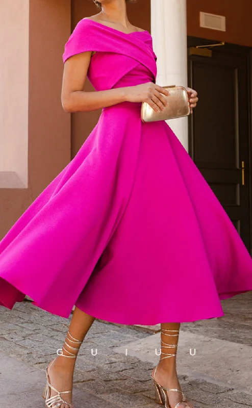 Cocktail dress for formal event -GM220 - A-Line Off Shoulder Short Sleeves Pleated Tea Length Cocktail Dress Wedding Guest Dress