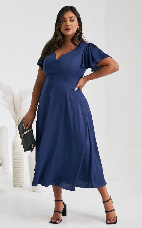 Maxi Dress For Fall -Cabernet Maxi Dress - Navy Blue Satin