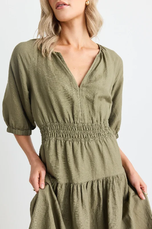 Maxi Dress With Pockets -Retreat Soft Khaki Linen Blend SS Tiered Maxi Dress